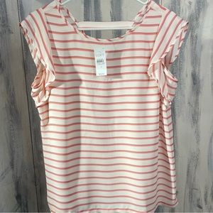 Loft Women’s Sheer Blush Striped Ruffle Shoulder Sleeve Size Small Blouse NWT